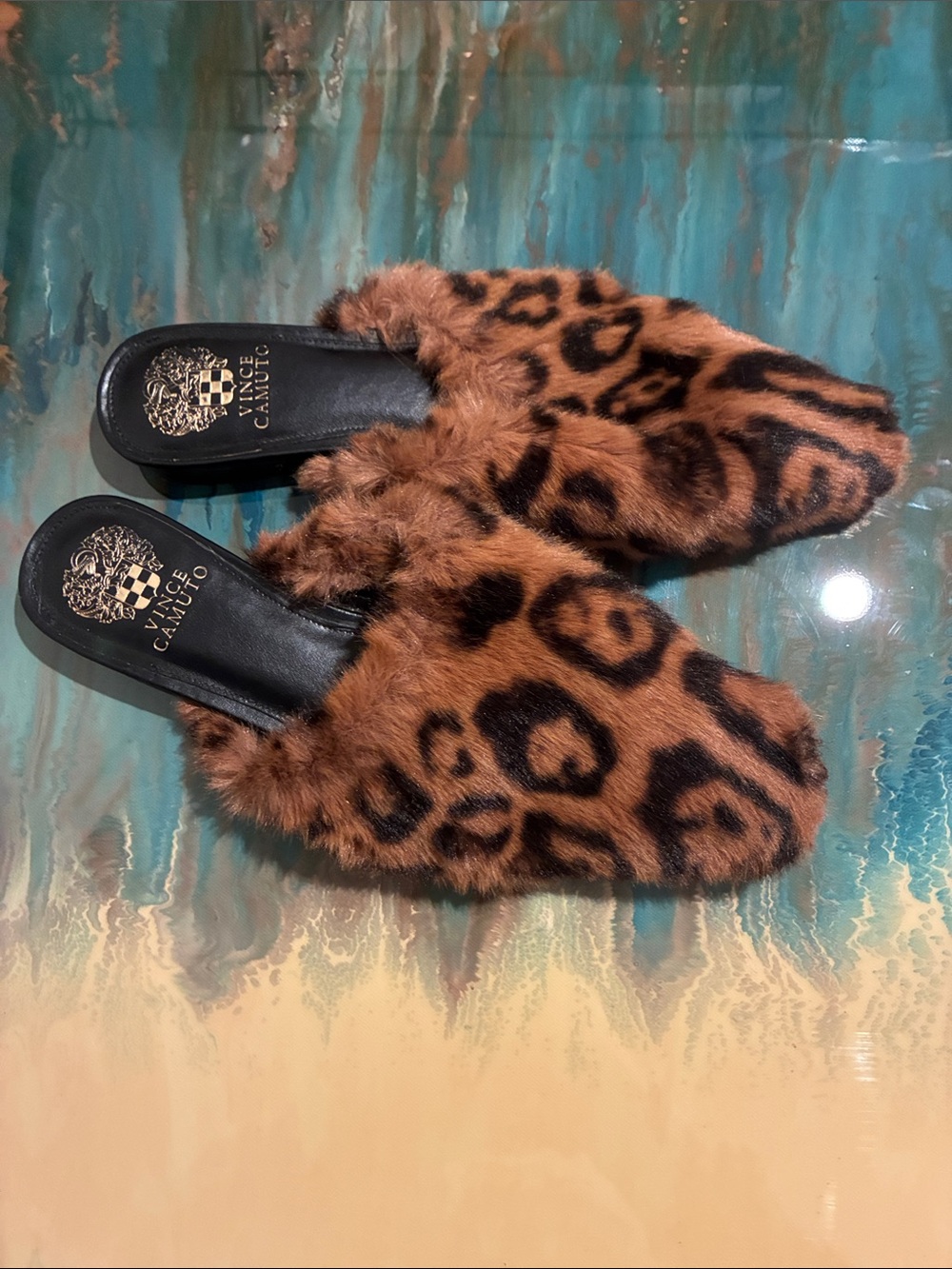 Vince Camuto Brown Leopard Faux-Fur Slide Mules